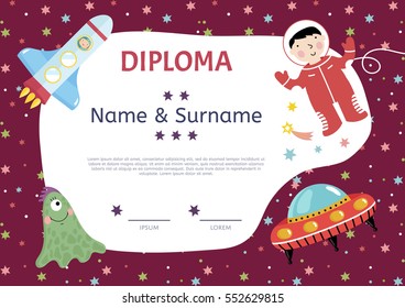 Diploma cartoon template. Spaceship, stars. planets, comets. For award for victory in scientific competition. Cartoon space diploma template.