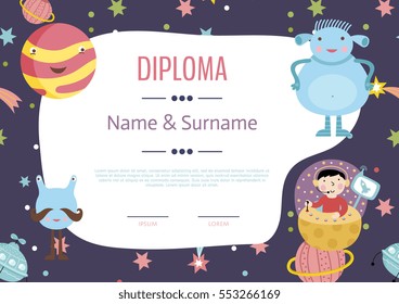 Diploma cartoon template. Spaceship, stars. planets, comets. For award for victory in scientific competition. Cartoon space diploma template.