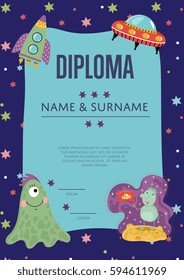 Diploma cartoon template. Spaceship, stars. planets, comets. For award for victory in scientific competition. Cartoon space diploma template.