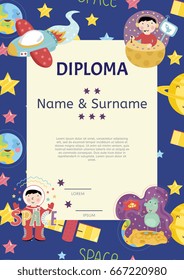 Diploma cartoon template. Spaceship, stars. planets, comets. For award for victory in scientific competition. Cartoon space diploma template.