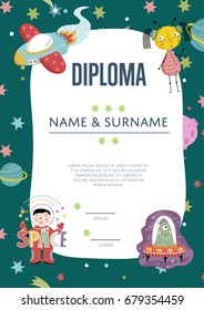 Diploma cartoon template. Spaceship, stars. planets, comets. For award for victory in scientific competition. Cartoon space diploma template.