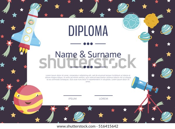 Diploma Cartoon Template Spaceship Stars Planets Stock Vector (Royalty ...