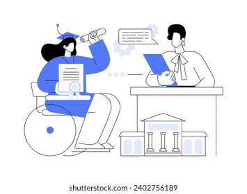 Diploma ceremony isolated cartoon vector illustrations. Disabled girl gets diploma, graduation from university, college education is over, successfully completing studies vector cartoon.