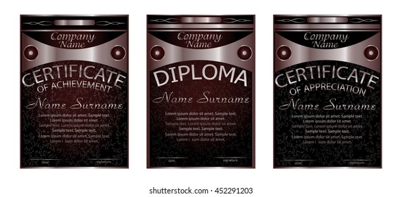 Diploma, certificate of appreciation, achievement. Vertical template. Set bronze and brown. Award winner. Reward. Winning the competition. The text on separate layer. Vector illustration.