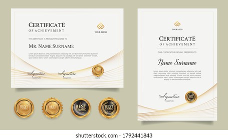 Diploma certificate border template with gold line art and badges