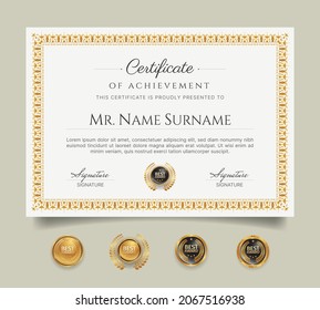 Diploma certificate border template with gold line art and badges