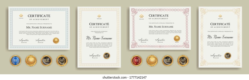 Diploma certificate border templates set with badges for award, business, and education