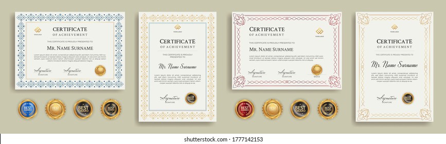 Plantillas de frontera de certificados de diploma establecidas con insignias para premios, negocios y educación
