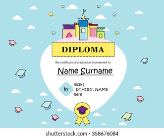 Diploma, certificate for child, kindergarten, preschool education, graduation with fairy castle and label