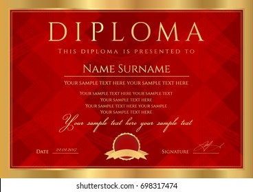 Diploma, Certificate Of Completion (abstract Design Template, Background) With Gold Frame And Dark Red Pattern