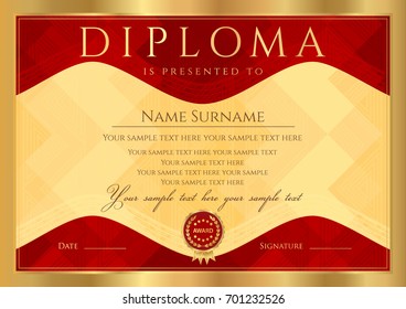 Diploma, Certificate of completion (abstract design template, background) with gold frame and dark red pattern