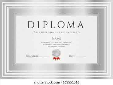 Diploma, Certificate of completion (design template, background) with silver frames. Diploma of Achievement, Winner Certificate (second place), Award