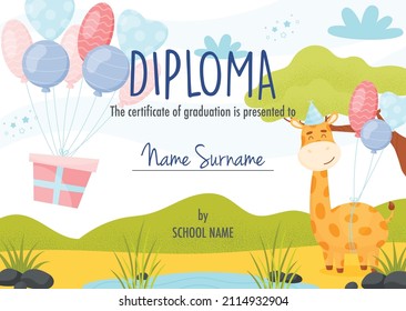 Diploma certificate concept template,  with cute cartoon giraffe character with balloons. 