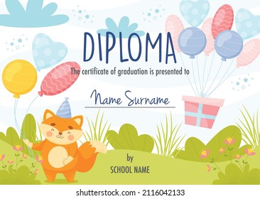 Diploma Certificate Concept Template,  With Cute Cartoon Fox Character With Balloons.