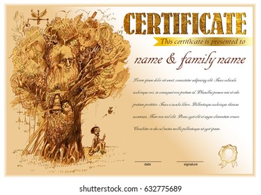 Diploma, certificate design template with tree of Knowledge.The scientist makes discovery. Metaphor of scientific thought. Vector illustration