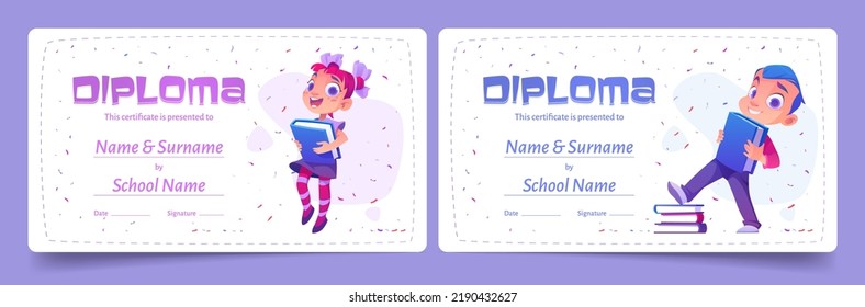 Diploma, certificate of education in kindergarten or elementary school for children. Kids diploma template with cartoon illustration of happy boy and girl with books and confetti on background