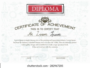 Diploma certificate with educational doodles background and red 3d transparent frame.