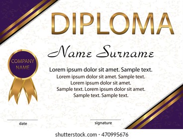 Diploma, certificate. Elegant light background with gold and purple areas. Horizontal template. Vector illustration.