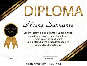 Diploma, certificate. Elegant light background with gold and black areas. Horizontal template. Vector illustration.