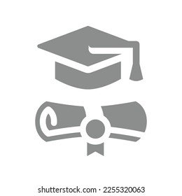 Diploma certificate and graduation cap icon. Academic degree fill vector symbol.