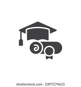 Diploma certificate and Graduation hat vector icon. filled flat sign for mobile concept and web design. Academic hat and diploma scroll glyph icon. Symbol, logo illustration. Vector graphics