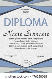 Diploma, certificate. Gray and blue. Winning the competition. Reward. Award winner. Vertical template. Vector illustration