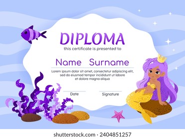 Diploma certificate horizontal template with cute little mermaid, fish, starfish, seaweed. Vector background for school, preschool, kindergarten. Funny underwater animals in cartoon style.