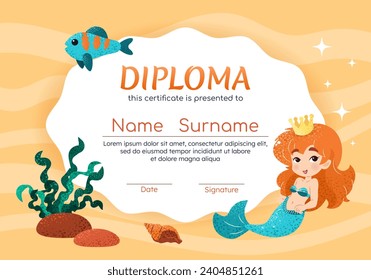 Diploma certificate horizontal template with cute little mermaid, fish, seaweed. Vector background for school, preschool, kindergarten. Funny underwater animals in cartoon style.