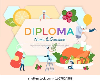 Diploma Certificate Invitation for culinary master classes, courses, trainings, competitions at holidays and corporate parties. Little chefs cook fried chicken, a delicious dinner.