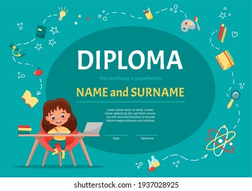 Diploma certificate for kids or children in kindergarten or elementary school with a cute girl making homework at table on background with doodle elements. Vector cartoon illustration