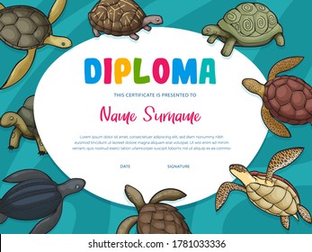 Diploma certificate of kids education vector template. Diploma of school, preschool or kindergarten graduation and achievement award with frame of turtles, water and terrapin reptiles background