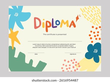 Diploma or certificate for kids template with cute hand drawing modern style background. Soft Pastel Themed.	
