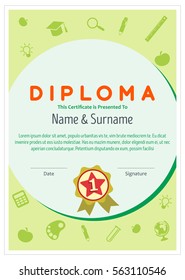 Plantilla de diseño de certificado de diploma para escuela, preescolar, jardín de infantes. Diseño de fondo. Ilustración vectorial
