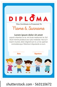 Diploma certificate layout template for school, preschool and kindergarten with handdrawn boys and girls. Background design. Vector illustration