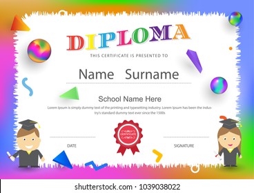 diploma certificate preschool kids elementary school design background vector template