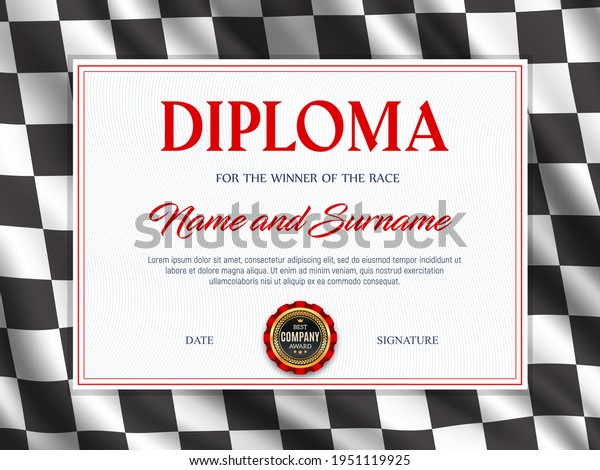 Diploma certificate race sport winner, vector\
template. Racing checkered flag background frame. Achievement\
certificate, first place award of car, kart, motorcycle racing,\
motocross and rally