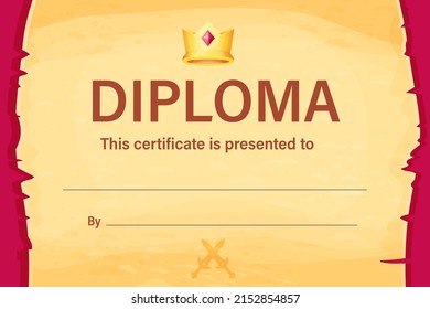 Diploma, certificate red background with parchment decorated with crown, graduate in cartoon style. 