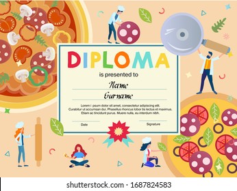 Diploma, certificate, rewarding of participants in cooking courses, contests, master classes. Vector illustration concept. Memorable letter for an interesting pastime for your holidays.