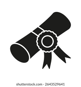 Diploma Certificate With Ribbon Solid Icon. Academic Achievement, Graduation, And Educational Success Silhouette Symbol. Recognition And Certification. Isolated Vector Illustration.