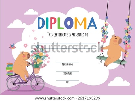 diploma, certificate, school, capybara diploma, spring background, summer, flowers, congratulations, cute capybaras, award, kids club, child, pink background, purple, girl, graduation, success