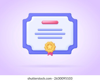 Diploma or certificate with seal in 3d style for education, graduation, or award concept – 3d vector illustration. Isolated vector icon.