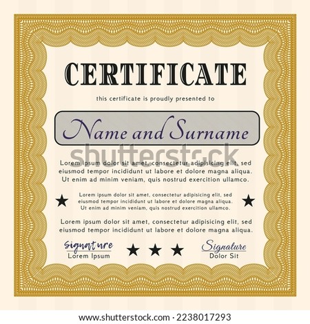 Diploma or certificate template.  Artistry design.  With quality background.  Detailed.  Orange color.