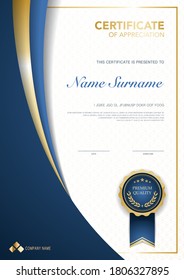 diploma certificate template blue and gold color with luxury and modern style vector image, suitable for appreciation.  Vector illustration.