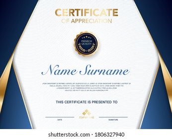 diploma certificate template blue and gold color with luxury and modern style vector image, suitable for appreciation.  Vector illustration.
