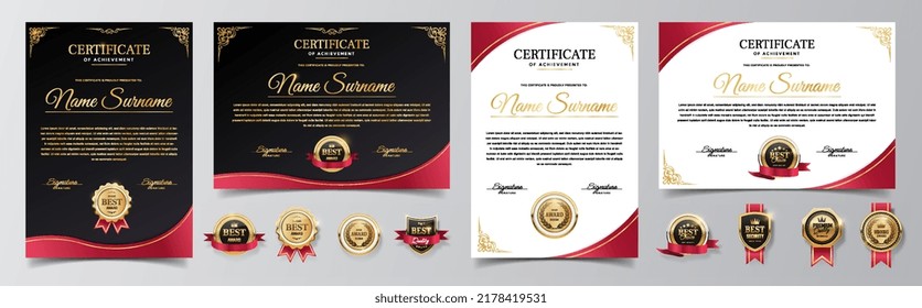 Diploma certificate template. Collection of documents proving successful completion of online course or university. Reward for students, achievement and award. Cartoon flat vector illustration