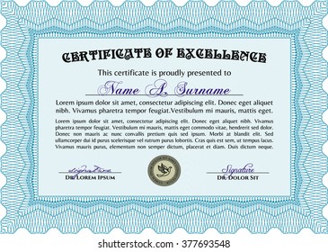 Diploma or certificate template. With complex background. Lovely design. Vector illustration. Light blue color.