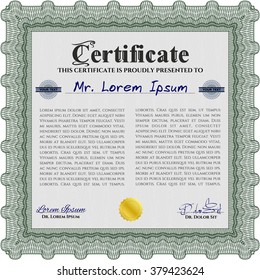 Diploma or certificate template. With complex background. Vector illustration. Lovely design. Green color.