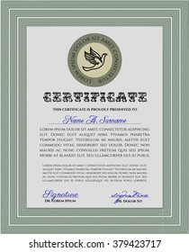 Diploma or certificate template. With complex background. Vector illustration. Lovely design. Green color.