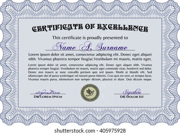 Diploma or certificate template. With complex background. Lovely design. Vector illustration. Blue color.