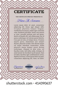 Diploma or certificate template. Complex background. Vector pattern that is used in currency and diplomas.Superior design. Red color.